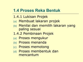 1.4 Proses Reka Bentuk
1.4.1 Lukisan Projek
(a) Membuat lakaran projek
(b) Menilai dan memilih lakaran yang
paling sesuai
1.4.2 Pembinaan Projek
(a) Proses mengukur
(b) Proses menanda
(c) Proses memotong
(d) Proses membentuk dan
mencantum

 