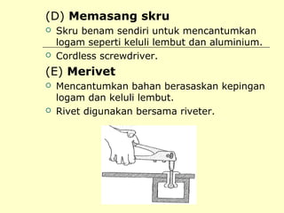 (D) Memasang skru




Skru benam sendiri untuk mencantumkan
logam seperti keluli lembut dan aluminium.
Cordless screwdriver.

(E) Merivet




Mencantumkan bahan berasaskan kepingan
logam dan keluli lembut.
Rivet digunakan bersama riveter.

 