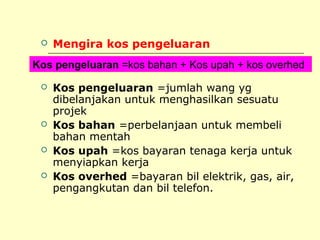 

Mengira kos pengeluaran

Kos pengeluaran =kos bahan + Kos upah + kos overhed






Kos pengeluaran =jumlah wang yg
dibelanjakan untuk menghasilkan sesuatu
projek
Kos bahan =perbelanjaan untuk membeli
bahan mentah
Kos upah =kos bayaran tenaga kerja untuk
menyiapkan kerja
Kos overhed =bayaran bil elektrik, gas, air,
pengangkutan dan bil telefon.

 