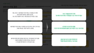 서브웨이UI/UX개선프로젝트 13
03필드리서치
설문조사주요결과
설문기간:2021.7.14~7.23

참여자수:66명
“상황/기분/식단등에따라맞춤메뉴를추천받는다면도움이될까요?”
2(2.9%) 6(8.7%)
10(14.5%)
25(36.2%) 26(37.7%)
1점 2점 3점 4점 5점
“앱에서타인의메뉴를볼수있고이를주문할수있다면,사용하실건가요?”
(이유:복수응답)
타인의메뉴를그대로주문할수있는간편함
40(58.8%)
인기메뉴등의정보수용
40(58.8%)
내메뉴를누군가주문했을때오는혜택과만족감
19(27.9%)
댓글,좋아요등사람들과의소통
5(7.4%)
73.4%
20.6%
그렇다
아니다
“검색등외부정보를이용하여서브웨이를주문한적이있으신가요?”
73.4%
20.6%
그렇다
없다
기본메뉴가아닌,맛있는조합을알고싶어서
37(74%)
특정메뉴에대한다른사람들의리뷰가궁금해서
23(46%)
가격,메뉴,프로모션등정보확인을위해
9(18%)
“앱에서타인의메뉴나리뷰를볼수있다면메뉴선택에도움이될까요?”
1(1.4%) 1(1.4%)
11(15.7%)
33(47.1%)
23(32.9%)
1점 2점 3점 4점 5점
“서브웨이의추천꿀조합이메뉴선택에도움이되고있나요?”
2(2.9%)
10(14.3%)
30(42.9%)
16(22.9%)
12(17.1%)
1점 2점 3점 4점 5점
서비스이탈을방지하기위해 
앱내에서타인의메뉴나리뷰를볼수있는커뮤니티가필요
번거로운커스텀주문과정을 
타인의주문데이터를통해원클릭간편주문할수있는기능이필요
상황/기분/식단등사용자맥락에따라 
적절한메뉴를추천해주는기능이필요
메뉴선정시사용자들은타인의메뉴나리뷰를보기위해 
외부정보에의존하는경향이있으며, 
이는주문과정에서서비스이탈현상으로이어질수있음
사용자들은타인의메뉴나리뷰를단순히참고하는것에그치지않고 
그들의메뉴를그대로주문하고싶어함
꿀조합추천에대한만족감은중간으로,크게효용성이있지않음 
사용자는불특정다수에게추천되는메뉴보다 
나자신을위한메뉴에더크게관심이있음
 