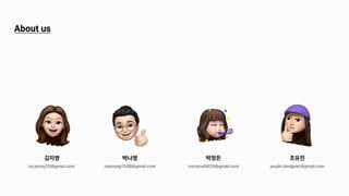 김지영
ux.jenny25@gmail.com
박나영
nayoung1308@gmail.com youjin.designer@gmail.com
박정은
cocoma0629@gmail.com
조유진
Aboutus
 