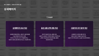 상세페이지를 탐색하는 사용자가 상품 정보를

더 쉽고 빠르게 인식하기 위해

이미지나 텍스트의 크기가 적절해야하고, 

사용자가 원하는대로 확대 및 축소도 가능해야 한다.
상세페이지 GUI 개선 옵션 상품 선택 경험 개선
여러가지 옵션이 있는 상품의 경우,

사용자가 신경써서 기억하지 않아도 직관적으로

선택이 가능하도록 구매 관련 행동 경험이

개선되어야 한다.
사용자의 추가 탐색 개선
상세페이지 내 연관 상품 추천 및

브랜드 페이지 이동을 가능하게 해

사용자가 추가적인 탐색 시 도움이 되도록 해야한다.
Insight
어피니티 다이어그램
04. UX분석
상세페이지
 