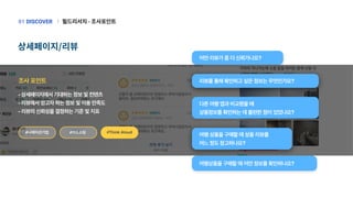 필드리서치-조사포인트
|
DISCOVER
01
상세페이지/리뷰
#나레이션기법 #카드소팅 #Think Aloud
- 상세페이지에서기대하는정보및컨텐츠
- 리뷰에서얻고자하는정보및이용만족도
- 리뷰의신뢰성을결정하는기준및지표
조사포인트 리뷰를통해확인하고싶은정보는무엇인가요?
여행상품을구매할때상품리뷰를
어느정도참고하나요?
다른여행앱과비교했을때
상품정보를확인하는데불편한점이있었나요?
어떤리뷰가좀더신뢰가나요?
여행상품을구매할때어떤정보를확인하나요?
 