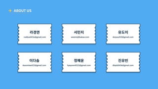 라경연 서민지
westmj@kakao.com
유도이
doiyou410@gmail.com
이다솜
dasomlee423@gmail.com
정혜윤
hyeyoon4515@gmail.com
진유빈
dbqls0436@gmail.com
ABOUT US
ruddus0416@gmail.com
 