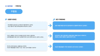 KEY FINDING
USER VOICE
키파인딩
|
DEFINE
02
상품 리뷰를 특정한 방식으로 필터링하거나 정렬하여 확인하고 싶어한다.
상세 페이지 내에 사용자에게 신뢰를 줄만한 명확한 정보가 부족하거나
제공하는 정보의 재배치가 필요한 경우가 있다.
비슷한 여행상품들의 가격과 정보를 한 눈에 비교하고 싶어한다.
리뷰 별점이 높은/낮은 순서대로 후기를 확인하고 싶어요.
다른 사용자의 이용 만족도를 빠르게 확인하고 싶어요.
가이드 상품에서 가이드의 프로필이 없으면 신뢰도가 떨어져요.
단체여행상품에 대한 안내가 상세페이지마다 상단 영역에 있는데 스킵하고 싶어요.
위시리스트에 관심있는 상품을 넣는 편인데, 
비슷한 여행상품을 비교할 수 있는 기능도 있으면 좋을 것 같아요!
주활동
 