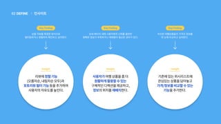 인사이트
|
DEFINE
02
기존에있는위시리스트에
관심있는상품을담아놓고
가격/정보를비교할수있는
기능을추가한다.
비슷한 여행상품들의 가격과 정보를
한 눈에 비교하고 싶어한다.
Insight
Key Finding
상세 페이지 내에 사용자에게 신뢰를 줄만한
명확한 정보가 부족하거나 재배열이 필요한 경우가 있다.
사용자가여행상품을좀더
원활하게활용할수있는
구체적인디렉션을제공하고,
정보의위치를재배치한다.
Insight
Key Finding
상품 리뷰를 특정한 방식으로
필터링하거나 정렬하여 확인하고 싶어한다.
리뷰에정렬기능
(오름차순,내림차순모두)과
포토리뷰필터기능등을추가하여
사용자의자유도를높인다.
Insight
Key Finding
 
