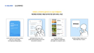 시간은있지만어디로갈지는모르겠고
일단떠나고싶은마음에
마이리얼트립검색창을열었다.
검색어를생각하고있는사이,
검색바하단에개인화된추천태그와
추천검색어가보여진다.
추천태그중하나인
‘제주도핫플레이스’를클릭한다.
관련상품이리스트업되어나온다.
개인화된검색옵션덕분에무사히
여행준비를마칠수있었다.
(2)검색/태그
|
DELIVER
04
개인화된추천태그제공및위치기반검색서비스개선
여행의시작부터끝까지더쉬운여행준비
예약완료!
 