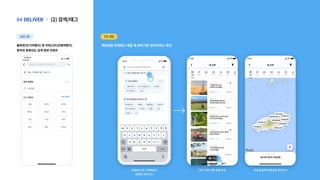 홈화면(인기여행지)및카테고리(전체여행지)
영역과중복되는검색화면컨텐츠
(2)검색/태그
|
DELIVER
04
개인화된추천태그제공및위치기반검색서비스개선
AS-IS TO-BE
취향분석및구매패턴이
반영된추천태그
위치기반여행상품추천 지도를통해여행상품확인하기
 