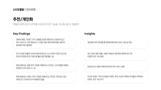 UX모델링|인사이트
어떻게하면유저가만족할수준으로추천기능을고도화시킬수있을까?
개인화된추천정보를홈화면에배치하여서비스접근성제고
인기가많은상품은오히려피하게된다는다수유저의의견이있으며, 

개인과연관된추천키워드에훨씬많은흥미를느낌
최근검색,찜한상품,사용자취향등개인화와접목한태그및 

다양한추천기능제공
대부분'랭킹','트렌드','인기'상품을강조한화면으로구성되어있고 

추천서비스는간략제공되고,더많은정보확인하려면별도페이지

접속해야해서불편함
현재제공되는상품추천기준을이해하고는있지만,나의취향을적절히 

반영하고있지않다고느낌 온보딩으로사용자취향파악하여추천서비스제공
현재제공되는브랜드추천기준을이해하고는있지만,이미알고있는 

브랜드로구성되어있어새로움이없음
유사한브랜드추천외새로운브랜드추천,비슷한취향의유저들이주목하는 

브랜드추천기능추가
추천/개인화
KeyFindings Insights
 