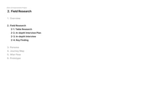 Field Research
29cm UX Improvement Project
Overvie
Person
Journey Ma
Wier Flo
Prototype
Field Research

2-1. Table Research

2-2. In-depth Interview Plan

2-3. In-depth Interview

2-4. Key Findin
 