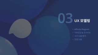 UX모델링
AffinityDiagra
키파인딩&인사이
가치도출/평
컨셉도출 


03
 