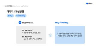 이미지l개선방향
04UX모델링 l UserVoicelKeyFinding
UserVoice
토스현재이미
깔끔한,편리한,단순한,젊은

토스개선이미
단순한,신뢰가가는,전문적인

KeyFinding
기존의단순깔끔한이미지는유지하지만, 
더전문적이고신뢰를주는이미지필요함.
5whys CardSorting
 