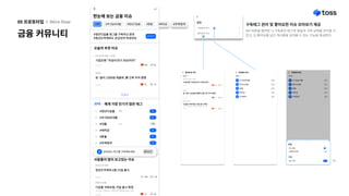 금융커뮤니티
05프로토타입 l Wire-flow
MY버튼을탭하면1)구독중인태그의알림과구독상태를관리할수
있고,2)좋아요를남긴게시물을보아볼수있는기능을제공한다.
구독태그관리및좋아요한이슈모아보기제공
구독
전체 #주식담보대출 #청년디딤돌 #환율 #예적금 #주택청약
한눈에보는금융이슈
오늘의추천이슈
기업은행"주담대만기50년까지"
#주식담보대출 #대출
4시간전 56
103
원·달러1300원재돌파,美긴축우려영향
#환율
3시간전 13
52
더보기
20대 에게가장인기가많은태그
1 3
#청년디딤돌 취소
2 #주식담보대출 취소
3 #대출 구독
1
4 #예적금 취소
5 #환율 취소
6 #주택청약 취소
더보기
사람들이많이보고있는이슈
청년도약계좌6월15일출시
#청년도약계좌
2개월전 115
530
디딤돌저축보험,이달출시확정
연5%고정금리·최대월75만원납부가능
#청년디딤돌
4시간전 33
12
관심있는태그를구독해보세요 둘러보기
MY
#청년디딤돌태그를구독하신분은  
#청년도약계좌도관심있어하셨어요 보러가기
전체 #주식담보대출 #청년디딤돌 #환율 #예적금 #주택청약
한눈에보는금융이슈
오늘의추천이슈
기업은행"주담대만기50년까지"
#주식담보대출 #대출
4시간전 56
103
원·달러1300원재돌파,美긴축우려영향
#환율
3시간전 13
52
더보기
20대 에게가장인기가많은태그
1 3
#청년디딤돌 취소
2 #주식담보대출 취소
3 #대출 구독
1
4 #예적금 취소
5 #환율 취소
6 #주택청약 취소
더보기
사람들이많이보고있는이슈
청년도약계좌6월15일출시
#청년도약계좌
2개월전 115
530
디딤돌저축보험,이달출시확정
연5%고정금리·최대월75만원납부가능
#청년디딤돌
4시간전 33
12
관심있는태그를구독해보세요 둘러보기
MY
#청년디딤돌태그를구독하신분은  
#청년도약계좌도관심있어하셨어요 보러가기
 