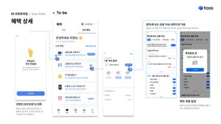 혜택상세
05프로토타입 l User-Flow To-be
안녕하세요미정님
토스와일상을함께해요.
미션 나의루틴
혜택 3,250원
P
나의루틴
[금융]이슈3개읽기

목표달성까지3개남았어요!
[금융]이슈3개읽기

목표달성까지3개남았어요!
무지출챌린지


2시간남았어요조금만더힘내세요!
무지출챌린지


2시간남았어요조금만더힘내세요!
유튜브1시간이내로보기
오늘시청시간이30분남았어요!
유튜브1시간이내로보기
오늘시청시간이30분남았어요!
아침일찍일어나기 

오늘기상에성공했어요!
달성완료
아침일찍일어나기 

오늘기상에성공했어요!
달성완료
편집(최대5개)
대중교통이용하기
오늘대중교통을이용하셨군요!
대중교통이용하기
오늘대중교통을이용하셨군요! 포인트받기
루틴이달성되면[포인트받기]
버튼이생기며,누르면포인트받
기화면으로이동한다.
간편한[포인트받기]버튼
금융 이슈 바로가기버튼으로포인트달성의 편의성을 제공한다.
[한눈에 보는 금융 이슈]화면으로이동
루틴 자동 달성
목표가 달성되었을 때 혜택을 받을 수
있는 팝업창을 보여준다.
 