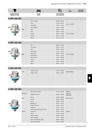 Regulador de Pressão / Regulador de Presión | B41
Nº
original
Observação
Observación
Regulador de Pressão
Regulador de Presión
Veículo
Vehículo
Data de aplicação
Fecha de aplicación
2011 | 2012 Autopeças Bosch / Autopartes Bosch
0 280 160 503
BMW
316 i / Compact 09.90 → 02.94
13 53 1 729 320
318 i 12.90 → 02.94
318 i Cabrio 10.91 → 12.99
318 ti Compact 10.91 → 09.96
320 i 09.90 → 12.95
13 53 1 721 992
520 i 09.89 → 12.95
750 i,iL 02.92 → 10.94
850 CSi 02.92 → 10.96
850 i,Ci 02.92 → 12.94
0 280 160 504
BMW
325 i 09.90 → 12.95
13 53 1 726 385
325 i Cabrio 03.93 → 12.95
525 i 09.89 → 12.95
525 i Touring 11.91 → 12.96
530 i, 540 i 09.92 → 09.95
530 i Touring 09.92 → 12.96
540 i Touring 10.93 → 09.98
730 i,iL 09.91 → 12.96
740 i,iL 09.91 → 09.98
840 Ci 09.94 → 12.99
0 280 160 551
Ford
Courier 1.4i 16V 07.97 → 05.98
96MF 9C968 CA
Fiesta 1.4i 16V 04.96 → 05.98
0 280 160 560
Alfa Romeo
Alfa 145 2.0 i.e. 16V T.S. 11.96 → 04.98 5896139
Spider 2.0 T.S. 16V 04.95 → 04.98
5896139 /
46457494
Audi
A3 1.8 05.99 → 09.06
037 133 035 C
A3 1.8 T 05.99 → 09.06
Citroën
AX 1.4i 10.86 → 12.96
1985 05
Berlingo 1.8i 03.97 → 12.03
Evasion 2.0i Turbo 06.94 → 07.02
Xantia 1.8i 10.97 → 12.01
Xantia 1.8i/2.0i 16V / Break / Turbo 03.93 → 12.01
Xantia 3.0i 03.93 → 01.98
XM 3.0i 07.94 → 10.00
Xsara 1.4i Break 04.98 → 05.98
Xsara 1.6i Break 10.97 → 06.98
Xsara 1.8i 16V Break / Coupe 06.89 → 08.00
Xsara 2.0i 16V Break 07.98 → 08.00
3
 