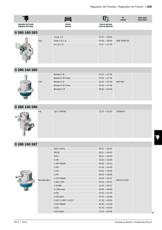Regulador de Pressão / Regulador de Presión | B45
Nº
original
Observação
Observación
Regulador de Pressão
Regulador de Presión
Veículo
Vehículo
Data de aplicação
Fecha de aplicación
2011 | 2012 Autopeças Bosch / Autopartes Bosch
0 280 160 583
Ford
Courier 1.3i 07.97 → 08.99
96BF 9P996 AAFiesta 1.0i /1.3i 04.96 → 08.99
Ka 1.0i /1.3i 01.97 → 07.99
0 280 160 585
Ford
Mondeo I 1.8i 01.93 → 07.96
6667685
Mondeo I 1.8i Turnier 01.93 → 07.96
Mondeo I 2.0i 01.93 → 07.96
Mondeo I 2.0i Turnier 01.93 → 07.96
Mondeo II 1.8i 08.96 → 09.00
0 280 160 586
Fiat Tipo 1.6 MPI 8V 12.95 → 05.97 50008415
0 280 160 587
Mercedes-Benz
200 E, 500 SL 09.92 → 06.93
000 078 18 89
300 SE 03.91 → 04.93
500 E 09.91 → 06.93
C 180 03.93 → 04.00
C 180 T-Modell 05.96 → 02.01
C 200 01.94 → 04.00
C 220 03.93 → 09.96
C 230 09.96 → 08.98
C 230 T-Modell 05.96 → 05.97
C 280, E 280 05.93 → 05.97
C 36 AMG 01.94 → 05.97
CL 500 Coupe 06.96 → 08.99
E 200 07.93 → 07.95
E 200 Cabrio 07.93 → 06.98
E 200 T, E 280 T, E 320 T 07.93 → 05.96
E 200 T-Modell 05.96 → 01.03
E 220 07.93 → 06.95
E 220 Cabrio 07.93 → 06.98
3
 
