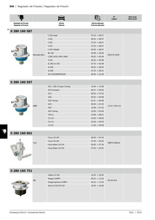B46 | Regulador de Pressão / Regulador de Presión
Nº
original
Observação
Observación
Regulador de Pressão
Regulador de Presión
Veículo
Vehículo
Data de aplicação
Fecha de aplicación
Autopeças Bosch / Autopartes Bosch 2011 | 2012
0 280 160 587
Mercedes-Benz
E 220 Coupe 07.93 → 06.97
000 078 18 89
E 230 06.95 → 08.97
E 320 07.93 → 08.97
E 420 07.93 → 08.97
E 420 T-Modell 05.96 → 08.97
ML 230 03.98 → 06.00
S 280, S420, S500, S600 06.93 → 09.98
S 320 03.93 → 09.98
SL 280, SL 320 07.93 → 05.98
SL 500 09.93 → 08.95
SL 600 07.93 → 08.01
SLK 230 KOMPRESSOR 09.96 → 01.00
0 280 160 597
BMW
323 i , 328 i / Coupe / Touring 10.94 → 12.98
13 53 1 436 110
323 ti Compact 06.97 → 09.00
525 i 09.00 → 07.03
528 i 09.95 → 09.98
528 i Touring 01.97 → 09.98
530 i 09.00 → 07.03
540 i 10.98 → 07.03
540 i Touring 10.98 → 05.04
740 i,iL 10.98 → 08.01
X 5 3.0 i 10.99 → 09.06
X 5 4.4 i 03.99 → 09.03
Z 3 2.8 11.96 → 09.98
0 280 160 601
Ford
Focus 1.8i 16V 09.00 → 07.04
988F9 C968 AA
Focus 2.0i 16V 07.00 → 05.05
Focus Sedan 1.8i 16V 09.00 → 07.04
Focus Sedan 2.0i 16V 07.00 → 05.05
0 280 160 751
GM
Calibra 2.0 16V 10.93 → 03.96
90 444 454
Omega 3.0 MPFI 09.92 → 12.94
Omega Suprema 3.0 MPFI 04.93 → 12.94
Vectra 2.0 GSi SFI 16V 10.93 → 03.96
3
 