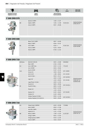 B54 | Regulador de Pressão / Regulador de Presión
Nº
original
Observação
Observación
Regulador de Pressão
Regulador de Presión
Veículo
Vehículo
Data de aplicação
Fecha de aplicación
Autopeças Bosch / Autopartes Bosch 2011 | 2012
F 000 DR9 579
GM
Ipanema 2.0 MPFI 12.96 → 12.97
93 245 325
Substitui/Sustituye:
0 280 160 579
Kadett 2.0 MPFI 12.96 → 12.98
Vectra 2.0 MPFI 09.97 → 06.98
F 000 DR9 608
GM
Blazer / S10 2.2 MPFI 08.97 → 04.00
93 267 339
Substitui/Sustituye:
0 280 160 608
Blazer 2.4 MPFI 05.00 → 01.07
S10 2.4 MPFI 05.00 →
Vectra 2.0 MPFI 01.03 → 06.05
Vectra 2.2 MPFI 07.98 → 12.02
F 000 DR9 710
Alfa Romeo Alfa 164 3.0 V6 24V 09.92 → 10.98 60559664
Substitui/Sustituye:
0 280 160 710
9 280 081 600
Fiat
Elba 1.6 MPI 07.94 → 10.94
7721130Uno 1.4 MPI Turbo 03.94 → 12.95
Uno 1.6 R MPI 05.93 → 09.94
Ford
Escort 2.0i XR3 01.92 → 01.94
027 133035
Verona 2.0i 10.93 → 05.94
VW
Gol I 2.0 GTI 11.88 → 08.94 027 133 035
Gol II 2.0i (álc.) 09.94 → 01.97
037 133 035 2
Logus 2.0i
10.94 → 12.96
12.92 → 06.94 027 133 035
Logus/Pointer 2.0i (álc.) 10.94 → 12.96
037 133 035 2
Parati II 2.0i 08.95 → 09.96
Parati II 2.0i (álc.) 08.95 → 12.96
Pointer 2.0i
05.94 → 12.96
11.93 → 04.94
027 133 035Quantum 2.0i 01.92 → 08.93
Santana 2.0i 01.90 → 08.93
Santana / Quantum 2.0i (álc.) 09.94 → 12.96
037 133 035 2
Santana / Quantum 2.0i / Gol II 2.0i 09.93 → 09.96
F 000 DR9 716
Fiat Tempra Turbo 2.0 MPI 8V 04.94 → 05.98 7720388
Substitui/Sustituye:
0 280 160 716GM
Astra 2.0 MPFI 09.94 → 12.96
52 255 307
Astra SW 2.0 MPFI 09.94 → 12.96
Kadett GSi 2.0 11.91 → 12.95
Monza 2.0 MPFI 11.89 → 12.93
Omega 2.0 MPFI 09.92 → 12.95
Omega Suprema 2.0 MPFI 04.93 → 12.95
Vectra 2.0 MPFI 10.93 → 03.97
 