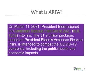 What is ARPA?
11
On March 11, 2021, President Biden signed
the American Rescue Plan Act of 2021 (H.R.
1319) into law. The $1.9 trillion package,
based on President Biden’s American Rescue
Plan, is intended to combat the COVID-19
pandemic, including the public health and
economic impacts.
 