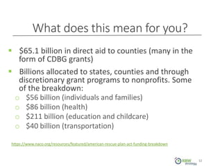 What does this mean for you?
12
 $65.1 billion in direct aid to counties (many in the
form of CDBG grants)
 Billions allocated to states, counties and through
discretionary grant programs to nonprofits. Some
of the breakdown:
o $56 billion (individuals and families)
o $86 billion (health)
o $211 billion (education and childcare)
o $40 billion (transportation)
https://www.naco.org/resources/featured/american-rescue-plan-act-funding-breakdown
 