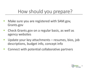 How should you prepare?
13
 Make sure you are registered with SAM.gov,
Grants.gov
 Check Grants.gov on a regular basis, as well as
agency websites
 Update your key attachments – resumes, bios, job
descriptions, budget info, concept info
 Connect with potential collaborative partners
 