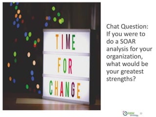 22
Chat Question:
If you were to
do a SOAR
analysis for your
organization,
what would be
your greatest
strengths?
22
 