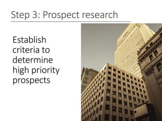 Establish
criteria to
determine
high priority
prospects
23
Step 3: Prospect research
 