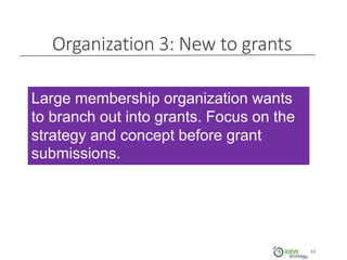 Organization 3: New to grants
33
Large membership organization wants
to branch out into grants. Focus on the
strategy and concept before grant
submissions.
 