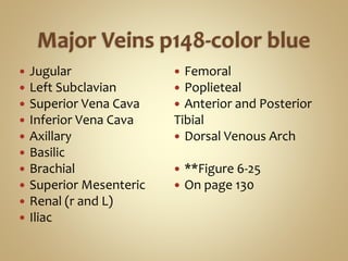  Jugular
 Left Subclavian
 Superior Vena Cava
 Inferior Vena Cava
 Axillary
 Basilic
 Brachial
 Superior Mesenteric
 Renal (r and L)
 Iliac
 Femoral
 Poplieteal
 Anterior and Posterior
Tibial
 Dorsal Venous Arch
 **Figure 6-25
 On page 130
 