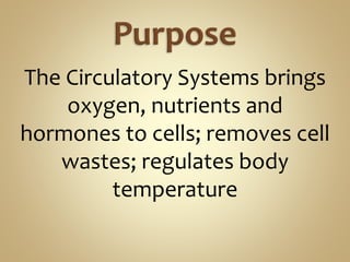 The Circulatory Systems brings
oxygen, nutrients and
hormones to cells; removes cell
wastes; regulates body
temperature
 