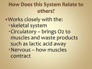 Works closely with the:
skeletal system
Circulatory – brings O2 to
muscles and waste products
such as lactic acid away
Nervous – how muscles
contract
 