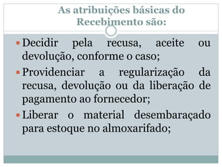 As atribuições básicas do 
Recebimento são: 
 Decidir pela recusa, aceite ou 
devolução, conforme o caso; 
 Providenciar a regularização da 
recusa, devolução ou da liberação de 
pagamento ao fornecedor; 
 Liberar o material desembaraçado 
para estoque no almoxarifado; 
 