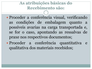 As atribuições básicas do 
Recebimento são: 
 Proceder a conferência visual, verificando 
as condições de embalagem quanto a 
possíveis avarias na carga transportada e, 
se for o caso, apontando as ressalvas de 
praxe nos respectivos documentos; 
 Proceder a conferência quantitativa e 
qualitativa dos materiais recebidos; 
 