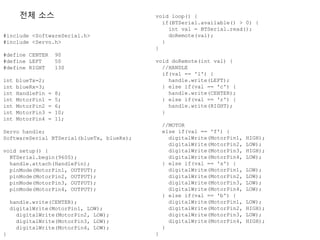 #include <SoftwareSerial.h>
#include <Servo.h>
#define CENTER 90
#define LEFT 50
#define RIGHT 130
int blueTx=2;
int blueRx=3;
int HandlePin = 8;
int MotorPin1 = 5;
int MotorPin2 = 6;
int MotorPin3 = 10;
int MotorPin4 = 11;
Servo handle;
SoftwareSerial BTSerial(blueTx, blueRx);
void setup() {
BTSerial.begin(9600);
handle.attach(HandlePin);
pinMode(MotorPin1, OUTPUT);
pinMode(MotorPin2, OUTPUT);
pinMode(MotorPin3, OUTPUT);
pinMode(MotorPin4, OUTPUT);
handle.write(CENTER);
digitalWrite(MotorPin1, LOW);
digitalWrite(MotorPin2, LOW);
digitalWrite(MotorPin3, LOW);
digitalWrite(MotorPin4, LOW);
}
void loop() {
if(BTSerial.available() > 0) {
int val = BTSerial.read();
doRemote(val);
}
}
void doRemote(int val) {
//HANDLE
if(val == 'l') {
handle.write(LEFT);
} else if(val == 'c') {
handle.write(CENTER);
} else if(val == 'r') {
handle.write(RIGHT);
}
//MOTOR
else if(val == 'f') {
digitalWrite(MotorPin1, HIGH);
digitalWrite(MotorPin2, LOW);
digitalWrite(MotorPin3, HIGH);
digitalWrite(MotorPin4, LOW);
} else if(val == 's') {
digitalWrite(MotorPin1, LOW);
digitalWrite(MotorPin2, LOW);
digitalWrite(MotorPin3, LOW);
digitalWrite(MotorPin4, LOW);
} else if(val == 'b') {
digitalWrite(MotorPin1, LOW);
digitalWrite(MotorPin2, HIGH);
digitalWrite(MotorPin3, LOW);
digitalWrite(MotorPin4, HIGH);
}
}
전체 소스
 