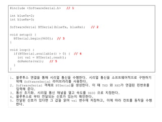 #include <SoftwareSerial.h> // 1
int blueTx=2;
int blueRx=3;
SoftwareSerial BTSerial(blueTx, blueRx); // 2
void setup() {
BTSerial.begin(9600); // 3
}
void loop() {
if(BTSerial.available() > 0) { // 4
int val = BTSerial.read();
doRemote(val); // 5
}
}
1. 블루투스 연결을 통해 시리얼 통신을 수행한다. 시리얼 통신을 소프트웨어적으로 구현하기
위해 SoftwareSerial 라이브러리를 사용한다.
2. SoftwareSerial 객체로 BTSerial을 생성한다. 이 때 TXD 와 RXD가 연결된 핀번호를
입력해 준다.
3. 통신 초기화. 시리얼 통신 채널을 열고 속도를 9600 으로 지정한다.
4. 블루투스로 부터 전달되는 신호가 있는지 확인한다.
5. 전달된 신호가 있다면 그 값을 읽어 val 변수에 저장하고, 이에 따라 컨트롤 동작을 수행
한다.
 