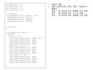 int MotorPin1 = 5;
int MotorPin2 = 6;
int MotorPin3 = 10;
int MotorPin4 = 11;
void setup() {
pinMode(MotorPin1, OUTPUT); // 1
pinMode(MotorPin2, OUTPUT);
pinMode(MotorPin3, OUTPUT);
pinMode(MotorPin4, OUTPUT);
}
void loop() {
}
void doRemote(int val) {
//MOTOR
if(val == 'f') {
digitalWrite(MotorPin1, HIGH); // 2
digitalWrite(MotorPin2, LOW);
digitalWrite(MotorPin3, HIGH);
digitalWrite(MotorPin4, LOW);
} else if(val == 's') {
digitalWrite(MotorPin1, LOW);
digitalWrite(MotorPin2, LOW);
digitalWrite(MotorPin3, LOW);
digitalWrite(MotorPin4, LOW);
} else if(val == 'b') {
digitalWrite(MotorPin1, LOW);
digitalWrite(MotorPin2, HIGH);
digitalWrite(MotorPin3, LOW);
digitalWrite(MotorPin4, HIGH);
}
}
1. 핀모드 설정
2. 제어 신호에 따라 전진, 정지, 후진을 수
행한다.
전진 : 양 모터에 모두 정방향 신호 전달
정지 : 양 모터에 모두 LOW 값 전달
후진 : 양 모터에 모두 역방향 신호 전달
 