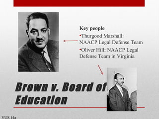 Brown v. Board of
Education
Key people
•Thurgood Marshall:
NAACP Legal Defense Team
•Oliver Hill: NAACP Legal
Defense Team in Virginia
VUS.14a
 