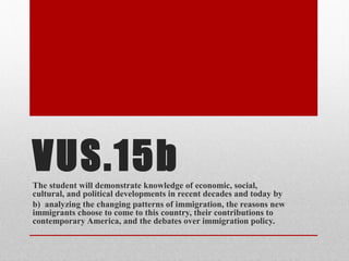 VUS.15bThe student will demonstrate knowledge of economic, social,
cultural, and political developments in recent decades and today by
b) analyzing the changing patterns of immigration, the reasons new
immigrants choose to come to this country, their contributions to
contemporary America, and the debates over immigration policy.
 