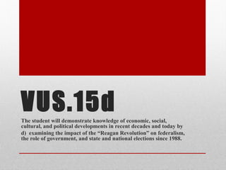 VUS.15dThe student will demonstrate knowledge of economic, social,
cultural, and political developments in recent decades and today by
d) examining the impact of the “Reagan Revolution” on federalism,
the role of government, and state and national elections since 1988.
 