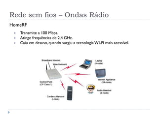 Rede sem fios – Ondas Rádio
HomeRF
 Transmite a 100 Mbps.
 Atinge frequências de 2,4 GHz.
 Caiu em desuso, quando surgiu a tecnologia WI-FI mais acessível.
 