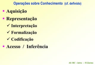 AI: RC - intro - F.Giorno
Operações sobre Conhecimento (cf. definido)
 Aquisição
 Representação
 Interpretação
 Formalização
 Codificação
 Acesso / Inferência
 