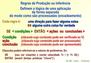 AI: RC - intro - F.Giorno
Definem a lógica de uma aplicação
de forma separada
do modo como são processadas (encadeamento)
Cada regra é: uma direção para fazer alguma coisa
se alguma outra coisa for verdade
SE < condições > ENTÃO < ações ou conclusões >
Condição (cláusula cujo conteúdo pode ser verificado se V)
ação (cláusula cujo conteúdo pode ser processado)
conclusão (cláusula cujo conteúdo pode ser apresentado)
Cláusulas podem referirem-se a valores de parâmetros. Ex:
SE (ceu cor cinzenta) e (vento velocidade ?v / (> ?v 30) )
ENTÃO (assert (tempo predicao "chuva") )
Regras de Produção ou Inferência
 