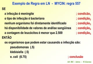 AI: RC - intro - F.Giorno
SE
a infecção é meningite ; condicão1
o tipo de infecção é bacteriana ; condição2
nenhum organismo foi diretamente identificado ; condição3
há disponibilidade de valores de análise sangüínea ; condição4
a contagem de leucócitos é menor que 2.500 ; condição5
ENTÃO
os organismos que podem estar causando a infecção são:
pseudomonas (.5)
klebisiella (.5)
e. coli (0.75) ; conclusão
Exemplo de Regra em LN - MYCIN: regra 557
 