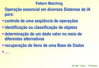 AI: RC - intro - F.Giorno
Pattern Matching
Operação essencial em diversos Sistemas de IA
para:
controle de uma seqüência de operações
identificação ou classificação de objetos
determinação de um dado valor no meio de
diferentes alternativas
recuperação de itens de uma Base de Dados
. . .
 