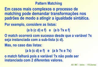 AI: RC - intro - F.Giorno
Pattern Matching
Em casos mais complexos o processo de
matching pode demandar transformações nos
padrões de modo a atingir a igualdade sintática.
Por exemplo, considere as listas:
(a b (c d) e f) e (a b ?x e f)
O match ocorrerá com sucesso desde que a variável ?x
seja instanciada com a sub-lista (c d).
Mas, no caso das listas:
(a b (c d) e f) e (a b ?x e ?x)
o match falhará pois a variável ?x não pode ser
instanciada com 2 diferentes valores.
 