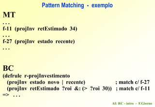 AI: RC - intro - F.Giorno
MT
. . .
f-11 (projInv retEstimado 34)
. . .
f-27 (projInv estado recente)
. . .
BC
(defrule r-projInvestimento
(projInv estado novo | recente) ; match c/ f-27
(projInv retEstimado ?roi &: (> ?roi 30)) ; match c/ f-11
=> . . .
Pattern Matching - exemplo
 