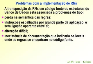 AI: RC - intro - F.Giorno
Problemas com a Implementação de RNs
A transposição ds RNs em código fonte ou estruturas do
Banco de Dados está associada a problemas do tipo:
 perda na semântica das regras;
 instruções espalhadas por grande parte da aplicação, e
sem ligação aparente entre si;
 alteração difícil;
 inexistência de documentação que indicaria os locais
onde as regras se encontram no código fonte.
 
