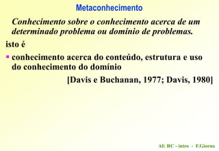 AI: RC - intro - F.Giorno
Metaconhecimento
Conhecimento sobre o conhecimento acerca de um
determinado problema ou domínio de problemas.
isto é
 conhecimento acerca do conteúdo, estrutura e uso
do conhecimento do domínio
[Davis e Buchanan, 1977; Davis, 1980]
 