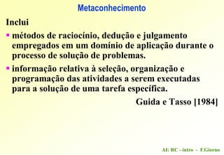 AI: RC - intro - F.Giorno
Inclui
 métodos de raciocínio, dedução e julgamento
empregados em um domínio de aplicação durante o
processo de solução de problemas.
 informação relativa à seleção, organização e
programação das atividades a serem executadas
para a solução de uma tarefa específica.
Guida e Tasso [1984]
Metaconhecimento
 
