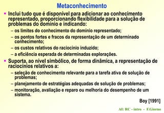 AI: RC - intro - F.Giorno
 Inclui tudo que é disponível para adicionar ao conhecimento
representado, proporcionando flexibilidade para a solução de
problemas do domínio e indicando:
– os limites do conhecimento do domínio representado;
– os pontos fortes e fracos da representação de um determinado
conhecimento;
– os custos relativos do raciocínio induzido;
– a eficiência esperada de determinadas explorações.
 Suporta, ao nível simbólico, de forma dinâmica, a representação de
raciocínios relativos a:
– seleção de conhecimento relevante para a tarefa ativa de solução de
problemas;
– planejamento de estratégias adequadas de solução de problemas;
– monitoração, avaliação e reparo ou melhoria do desempenho de um
sistema.
Boy [1991]
Metaconhecimento
 